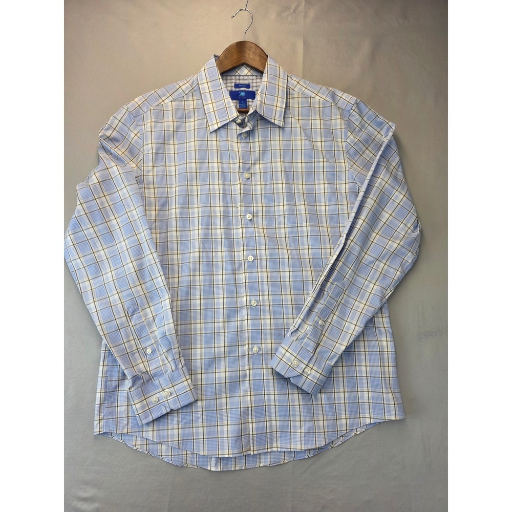Egara Mens Blue White Plaid Non-Iron 100% Cotton Dress Shirt Large L Long Sleeve
